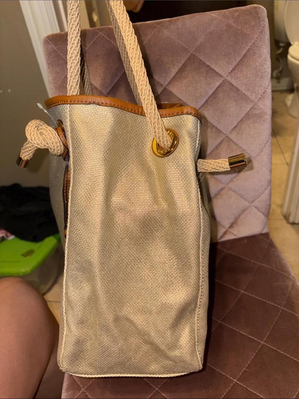 Michael Kors Gola Canvas Tote with Rope Handles and Gold MK Charm